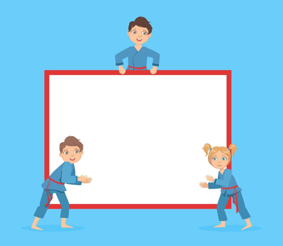 Cute Children Wearing Blue Kimono Standing with Blank Banner, Boys and Girls Practicing Martial Arts Cartoon Illustration vector