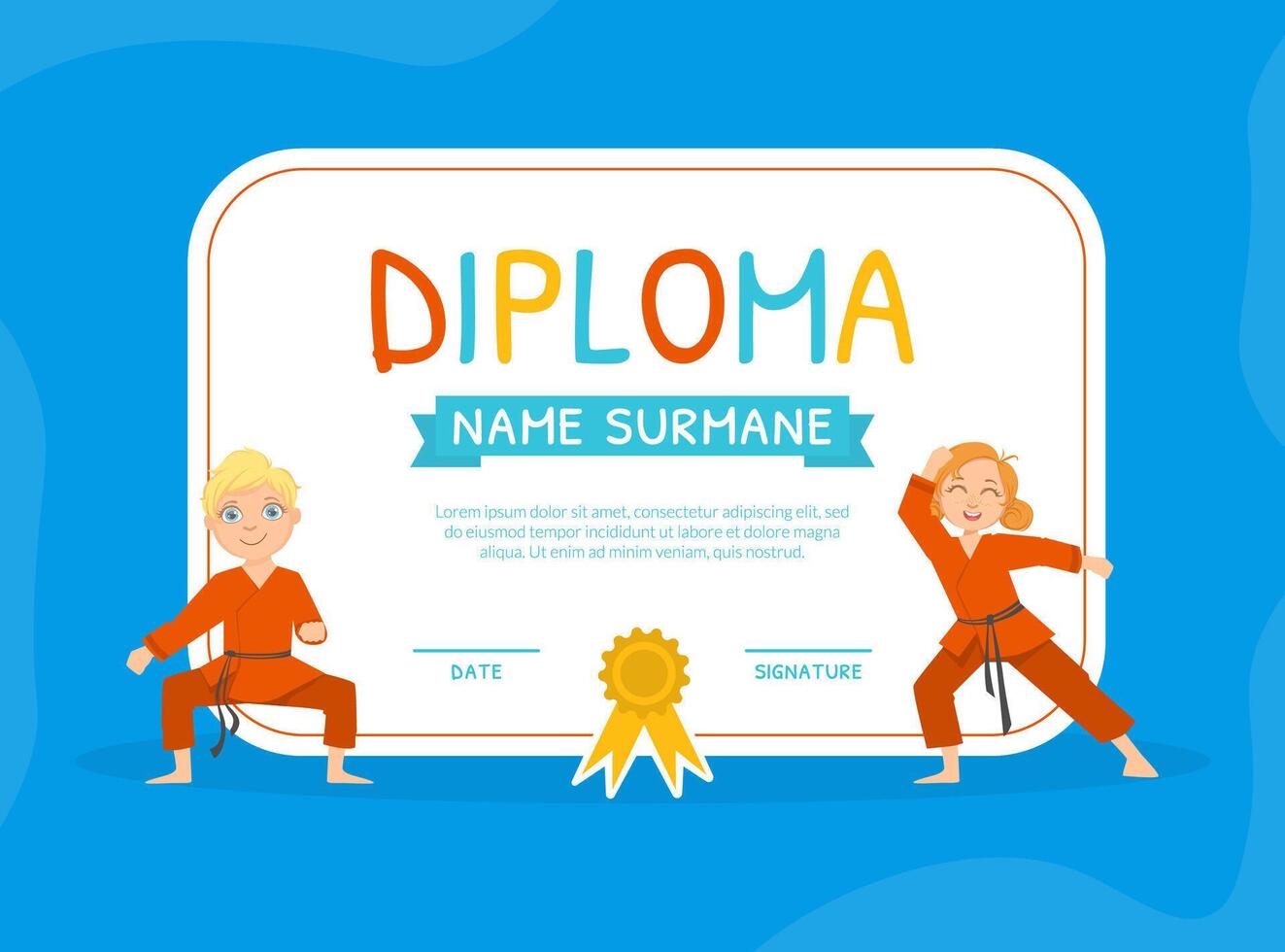 Kids Sports Diploma Template, Martial Arts Certificate Cartoon Illustration vector