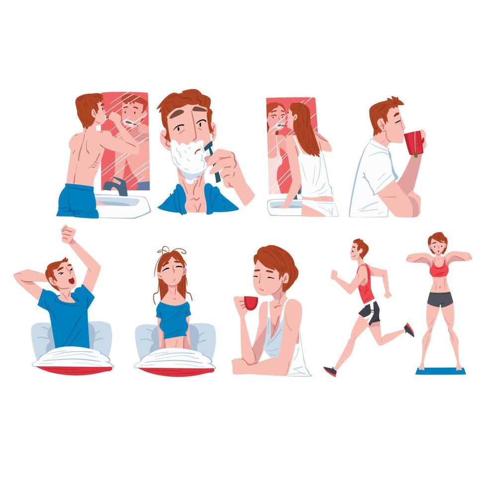 People Activity Morning Daily Routine Set, Men and Women Waking up, Brushing Teeth, Doing Morning Workout, Drinking Coffee Cartoon Style Illustration vector