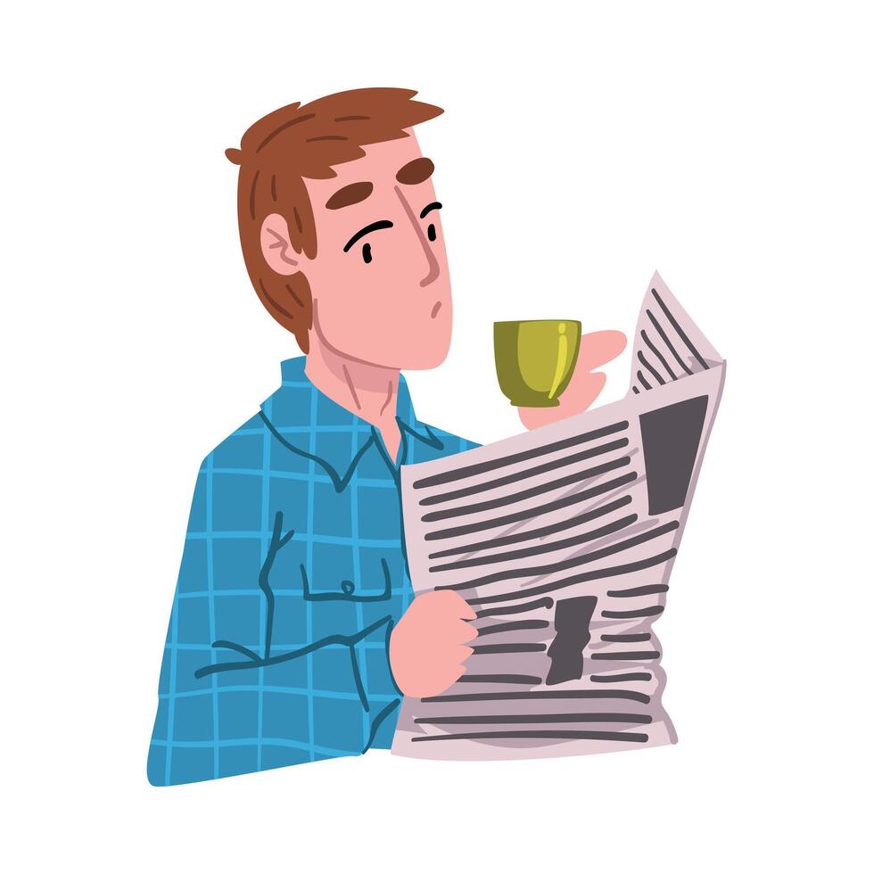Young Man Drinking Tea or Coffee, Guy Enjoying Drinking of Hot Drink, People Activity Daily Routine Cartoon Style Illustration on White Background vector