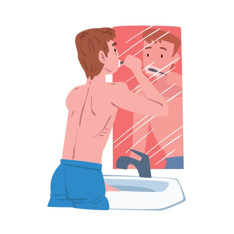 Man Standing in front of Mirror and Brushing his Teeth in Bathroom, People Activity Daily Routine Cartoon Style Illustration on White Background vector