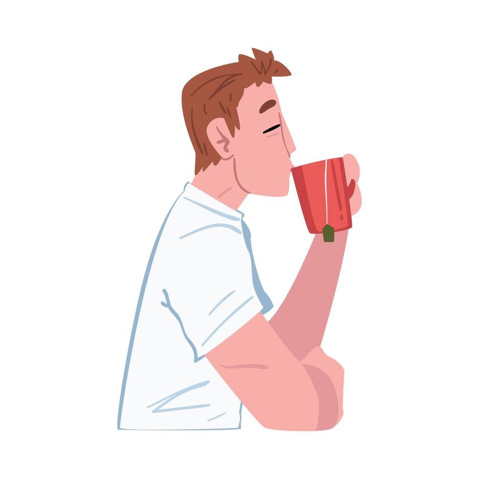 Young Man Drinking Tea or Coffee, Guy Enjoying Drinking of Hot Drink, Side View, People Activity Daily Routine Cartoon Style Illustration on White Background vector