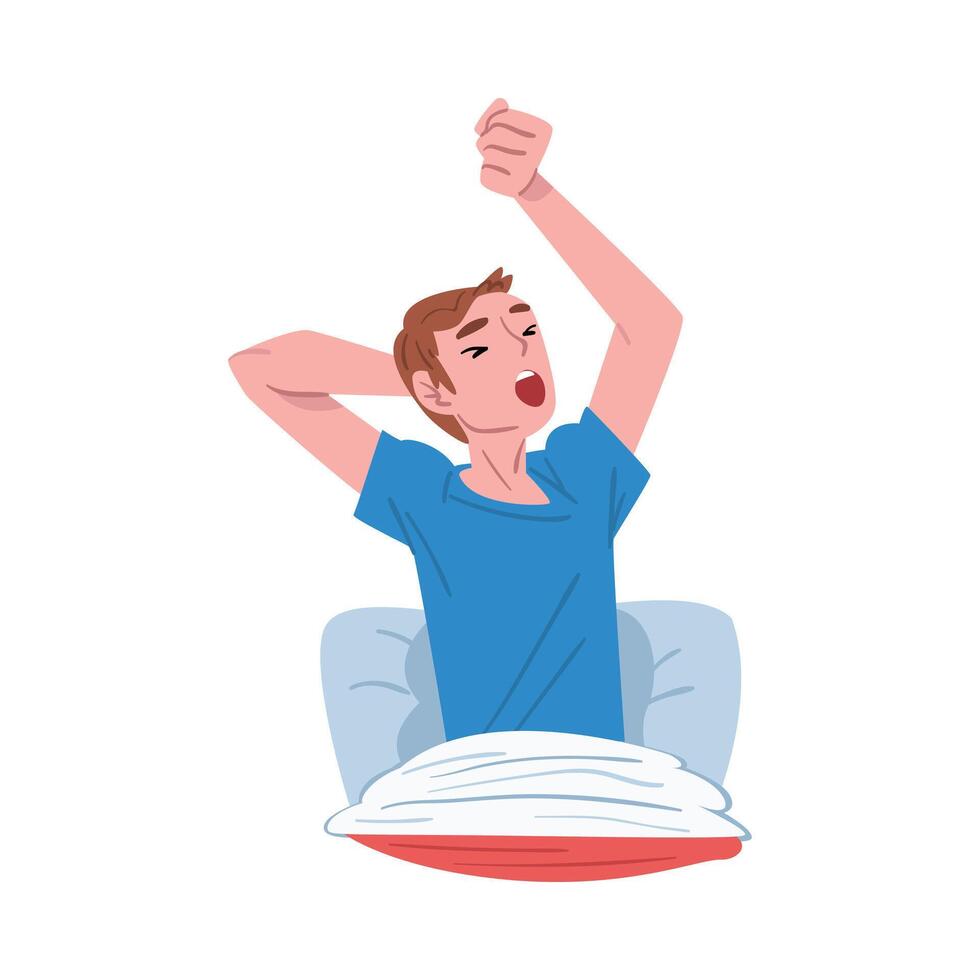 Young Man Stretching on his Bed after Waking Up, People Activity Daily Routine Cartoon Style Illustration on White Background vector