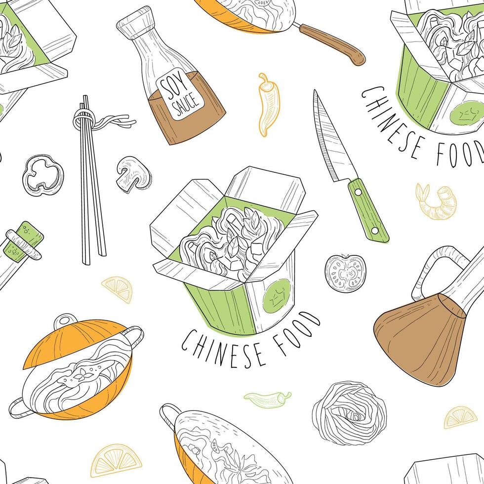 Chinese Food Seamless Pattern, Traditional Asian Cuisine Dishes, Design Element Can Be Used for Fabric, Wallpaper, Packaging, Web Page Illustration vector