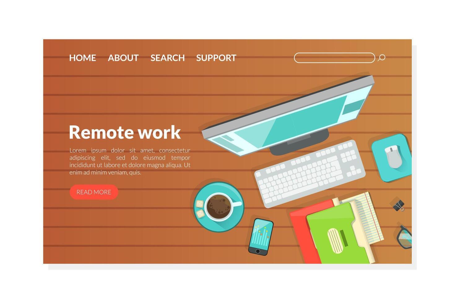 Remote Work Landing Page Template, Top View of Workplace, Working from Home Homepage, Website Flat Illustration vector