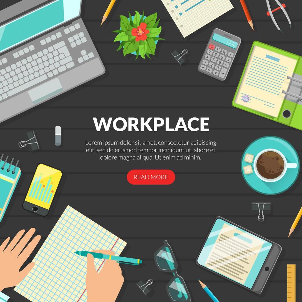 Workplace Landing Page Template, Top View of Desk with Laptop, Folder with Documents, Notepad, Smartphone, Tablet, Calculator and Coffee Cup Flat Illustration vector