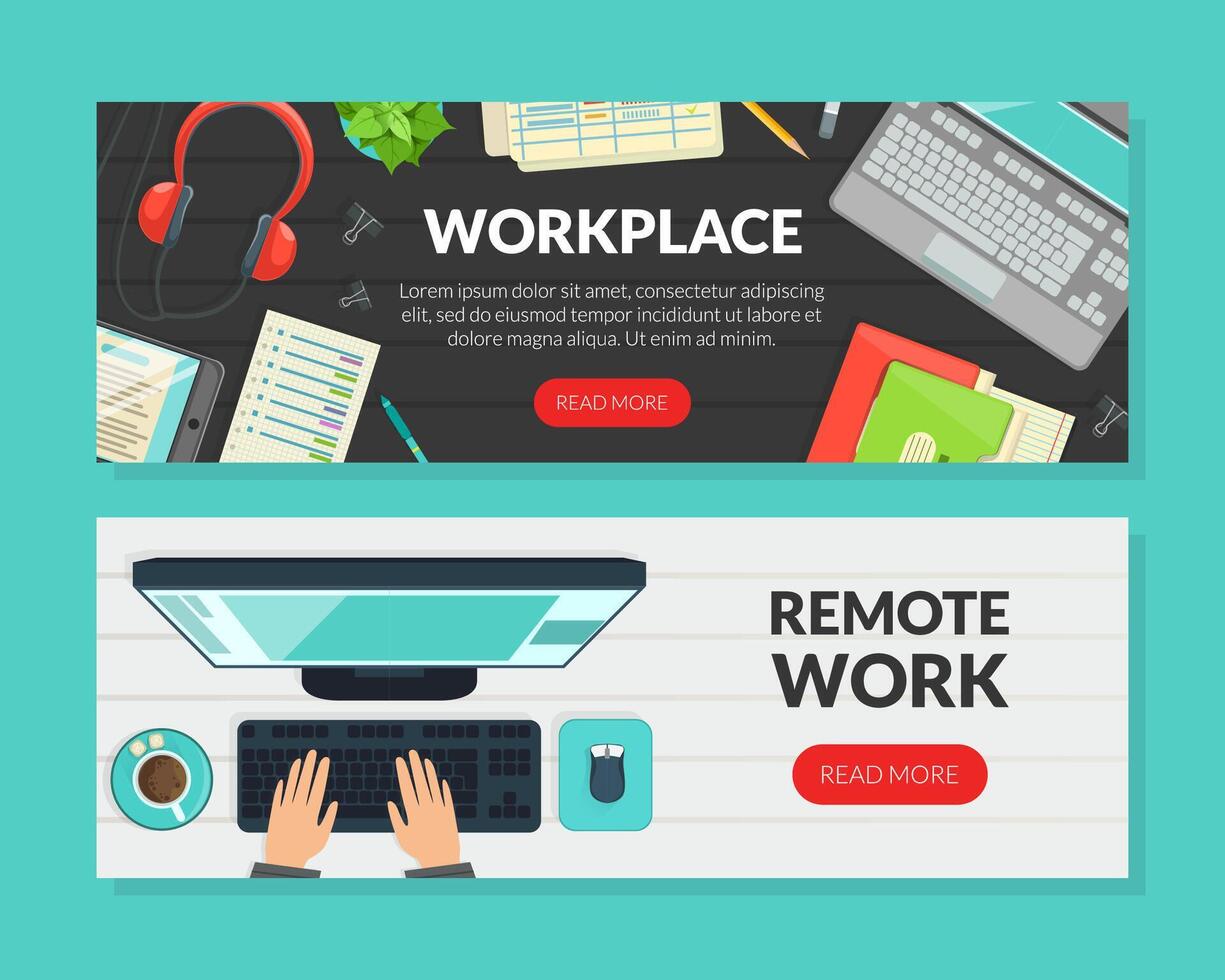 Workplace, Remote Work Landing Page Templates Set, Top View of Working Space Homepage, Website Flat Illustration vector