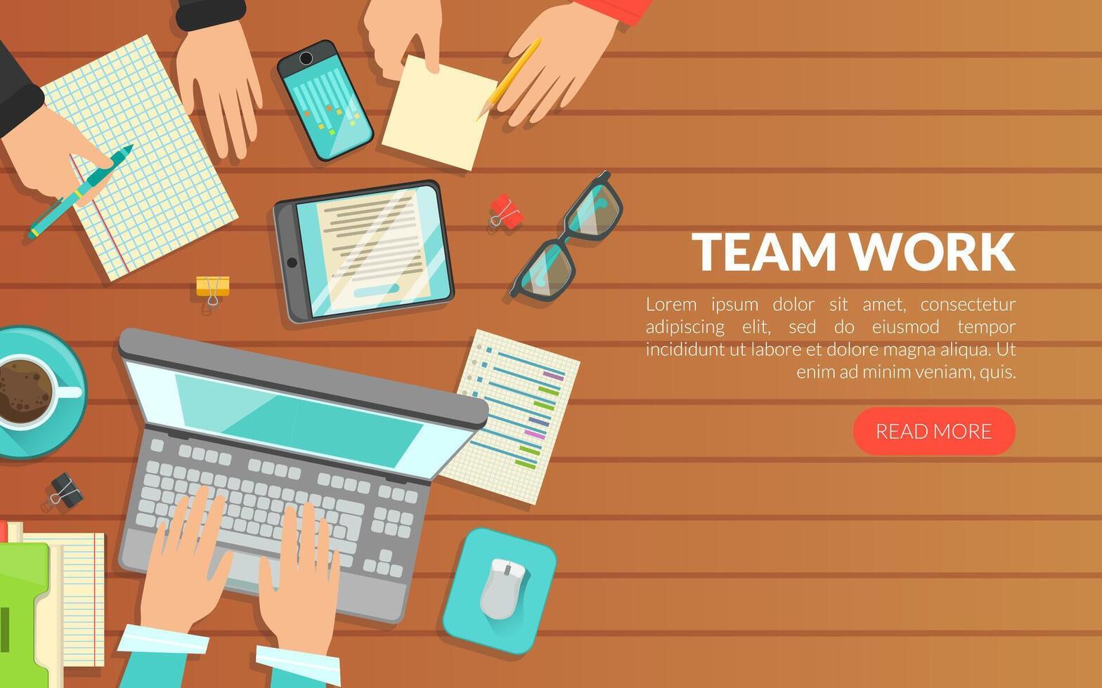 Team Work, Top View of Workplace and Working People, Brainstorming, Meeting, Conference Homepage, Website Flat Illustration vector