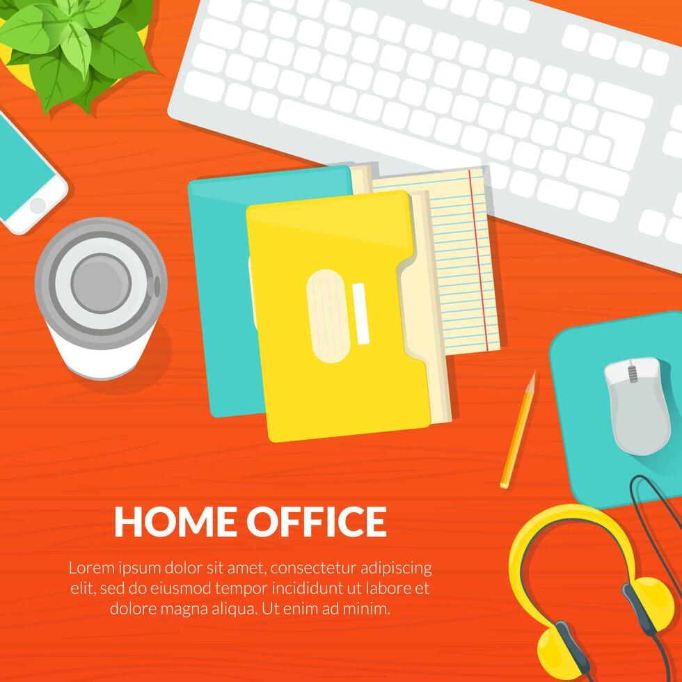 Home Office Banner Template, Top View of Working Space, Remote Job, Working from Home Flat Illustration vector