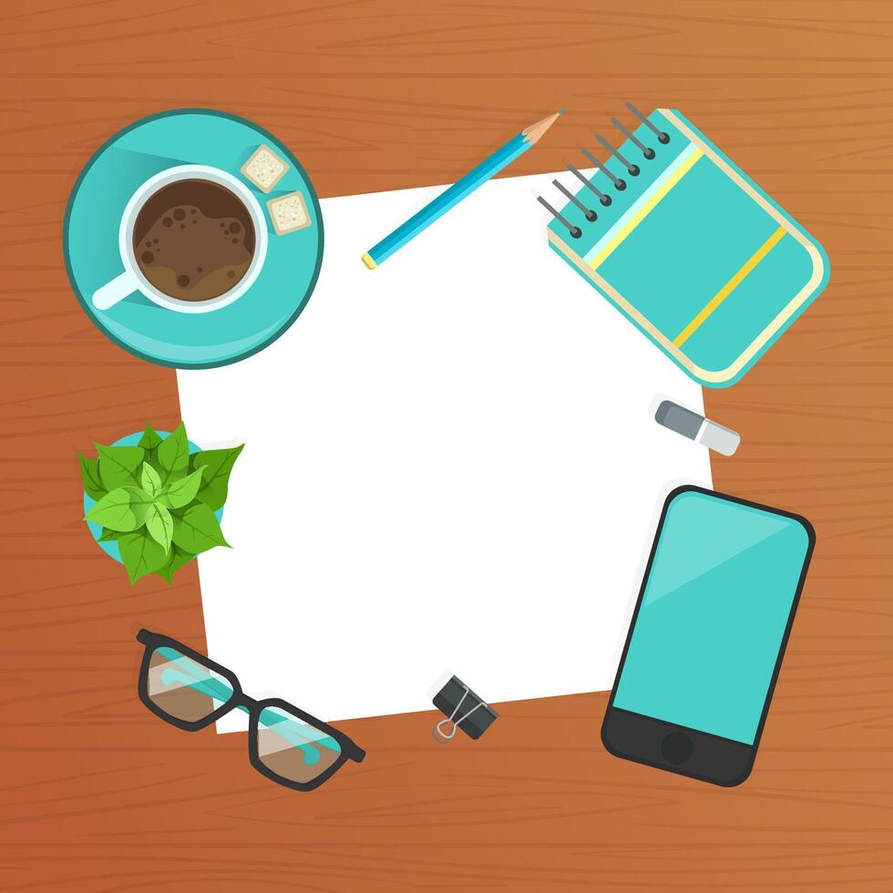 Top View of Modern Workplace, Wooden Desk with Smartphone, Notepad, Blank Sheet of Paper and Coffee Cup Flat Illustration vector