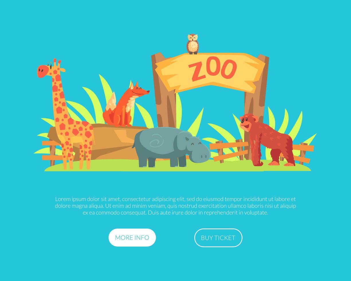 Zoo or Safari Entrance with African Animals Landing Page Template, African Animals Park Website, Web Page Illustration vector