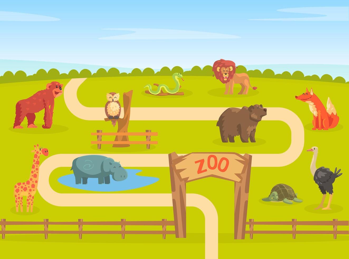 Zoo Park with Wild Animals, Natural Landscape with Wild Giraffe, Elephant, Lion, Monkey, Rhino, Turtle, Ostrich, Bear Animal Illustration vector