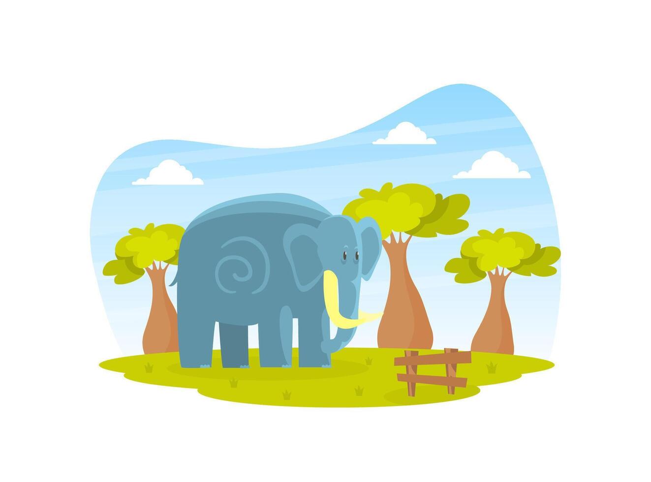 Cute Elephant on Beautiful African Landscape, Wild Animal in the Zoo or Safari Park Illustration vector