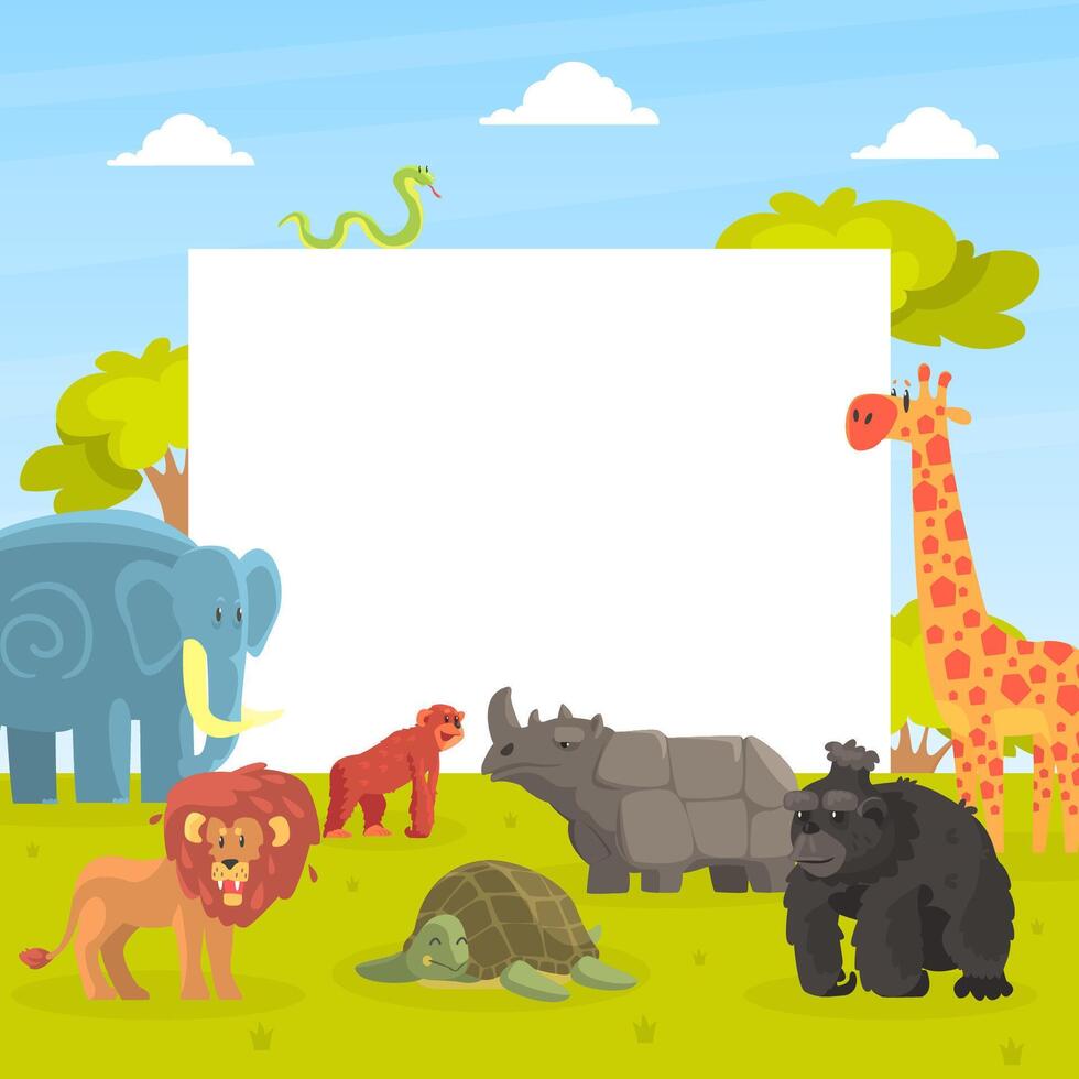 Cute Jungle Animals with White Empty Banner, Giraffe, Elephant, Lion, Monkey, Rhino, Orangutan, Turtle Standing Next to the Blank Signboard Illustration vector