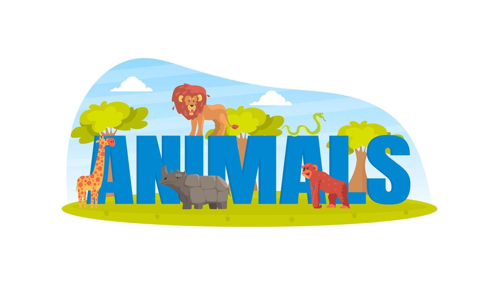 Animals Capital Letter Text and Tiny Wild Animals, Lion, Monkey, Rhino, Giraffe Illustration vector