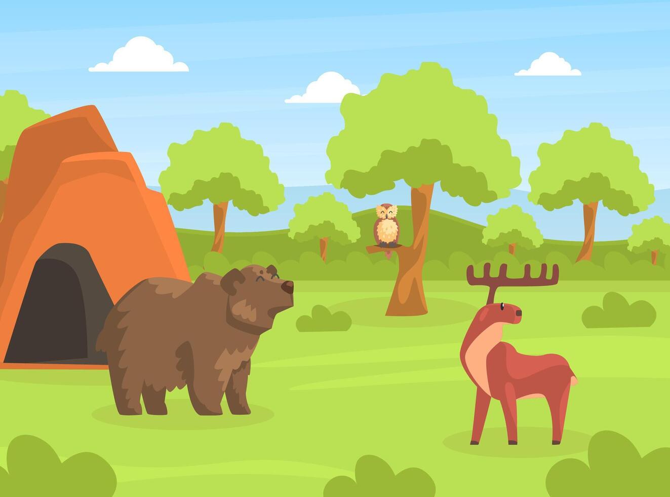 Wild Animals on Beautiful Natural Summer Landscape, Bear and Moose in the Zoo or Safari Park Illustration vector