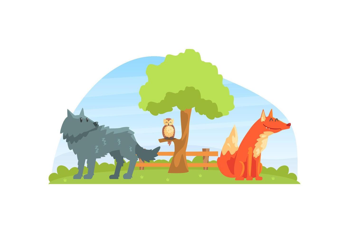 Wild Animals on Beautiful Natural Landscape, Wolf, Fox and Owl in the Zoo or Safari Park Illustration vector