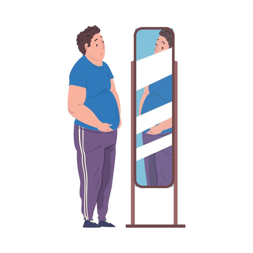 Fat Young Man Looking at his Reflection in the Mirror, Young Overweight Man Getting Fit Cartoon Illustration on White Background vector