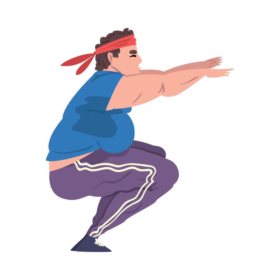 Young Overweight Man Doing Squats, Weight Loss Process, Fat Man Getting Fit Cartoon Illustration on White Background vector
