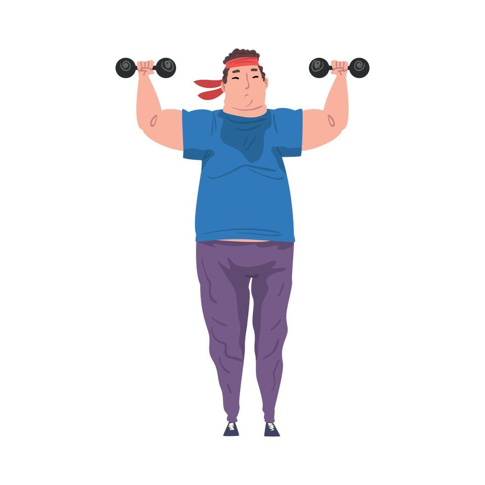 Young Overweight Man Doing Exercise with Dumbbells, Weight Loss Process, Fat Guy Getting Fit Cartoon Illustration on White Background vector