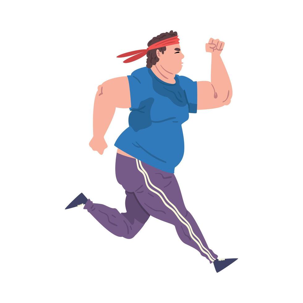 Young Overweight Man Running, Weight Loss Process, Fat Guy Getting Fit Cartoon Illustration on White Background vector