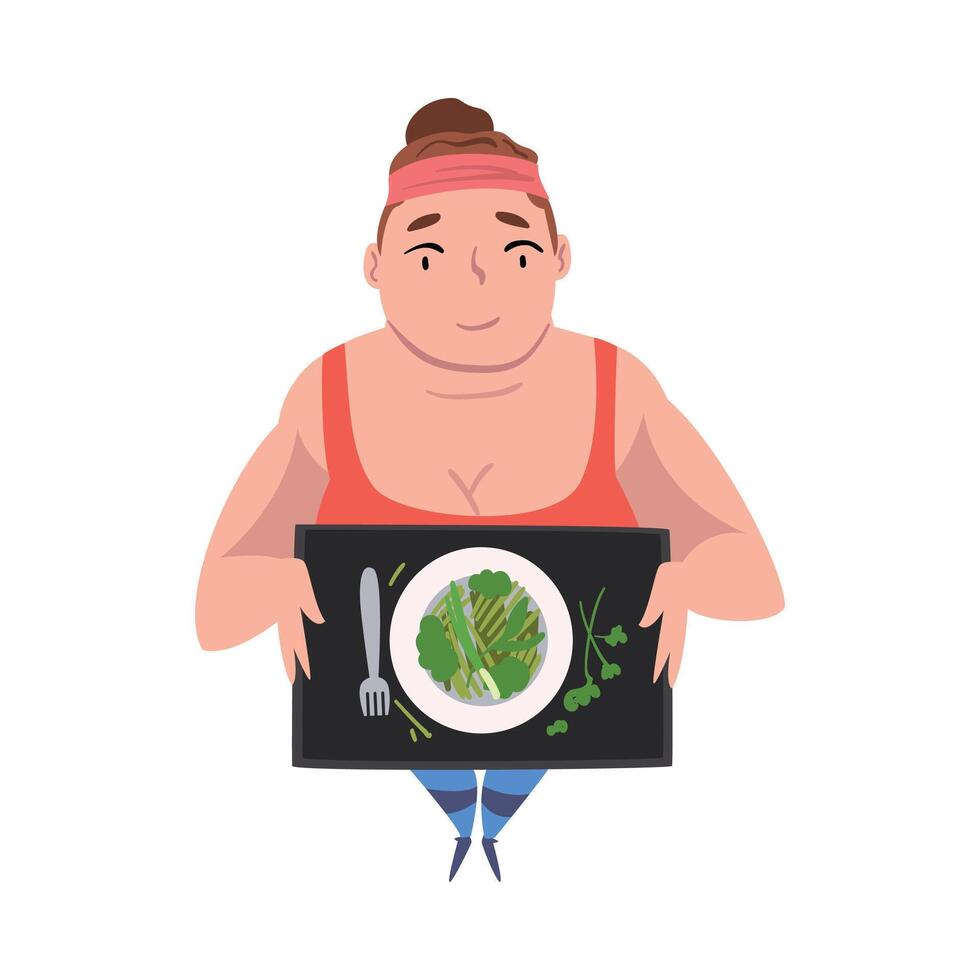 Plump Girl Eating Healthy Food, Weight Loss Process, Young Overweight Woman Getting Fit Cartoon Illustration vector
