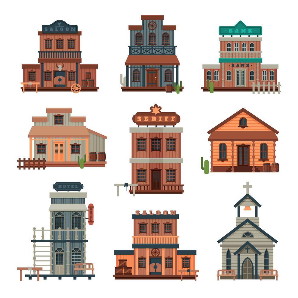 Wild West Wooden Buildings Collection, Bank, Saloon, Sheriff Office, Church, Western Town Design Element Illustration vector