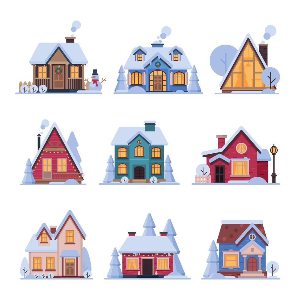 Cute Snowy Houses Collection, Suburban Cottage Buildings with Glowing Windows Illustration vector