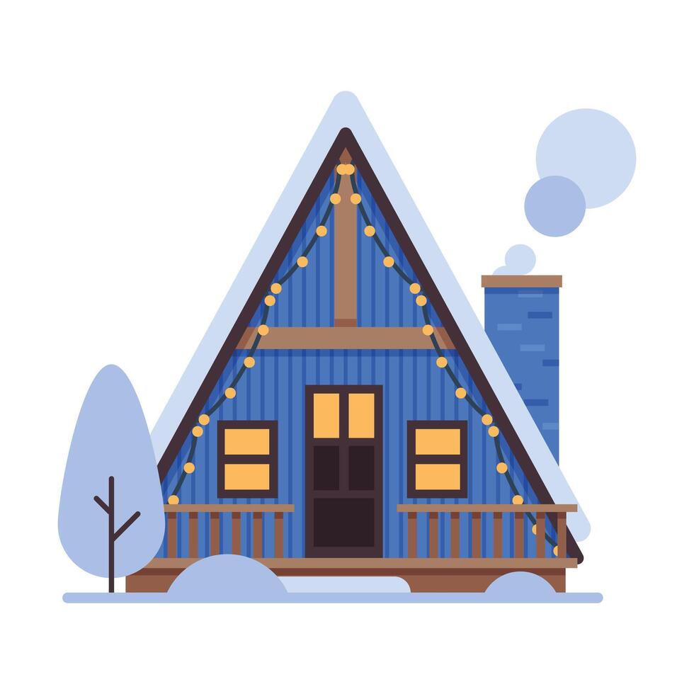 Cute Snowy House, Blue Suburban Cottage Building with Glowing Windows Illustration vector