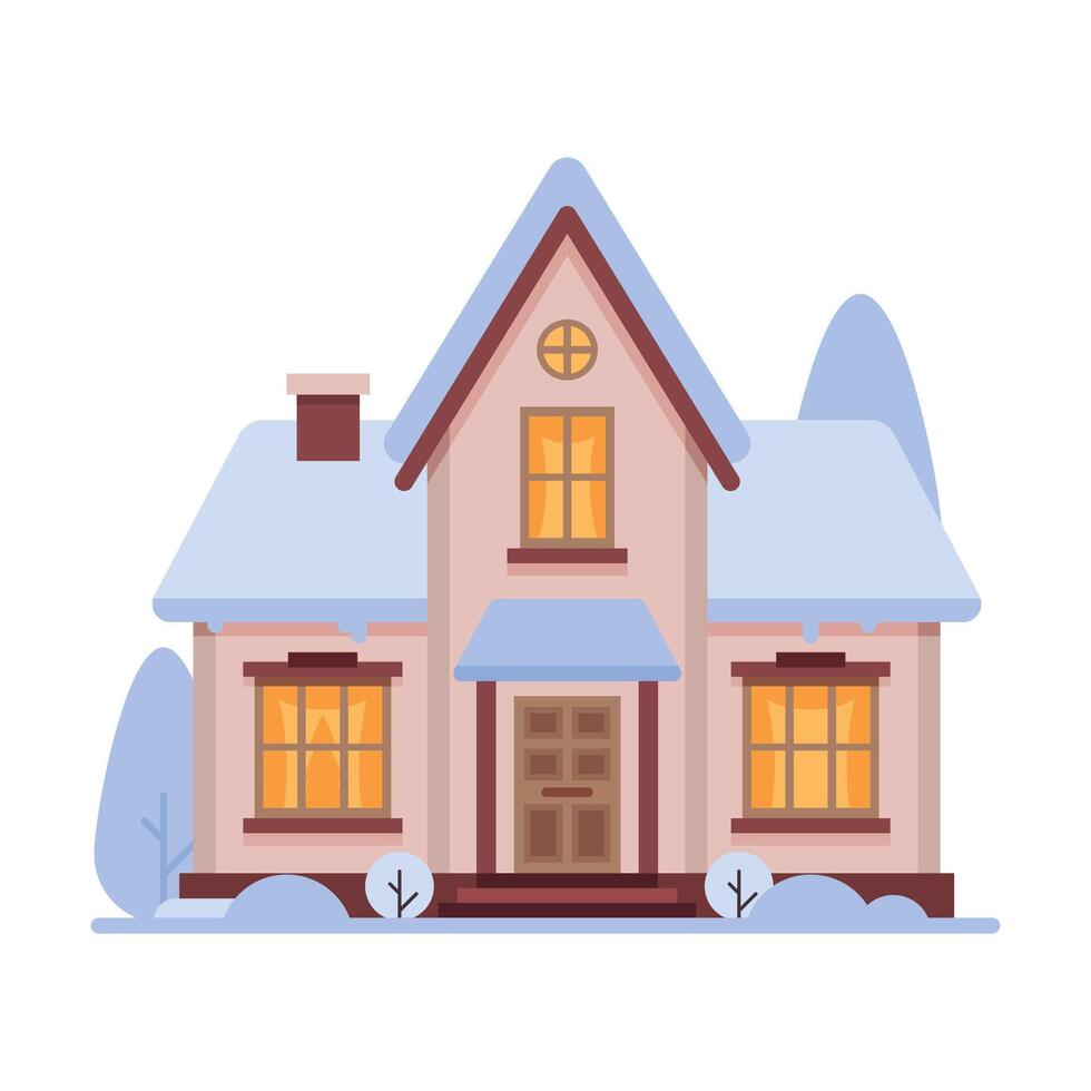 Cute Snowy House, Suburban Cottage Building with Glowing Windows Illustration vector