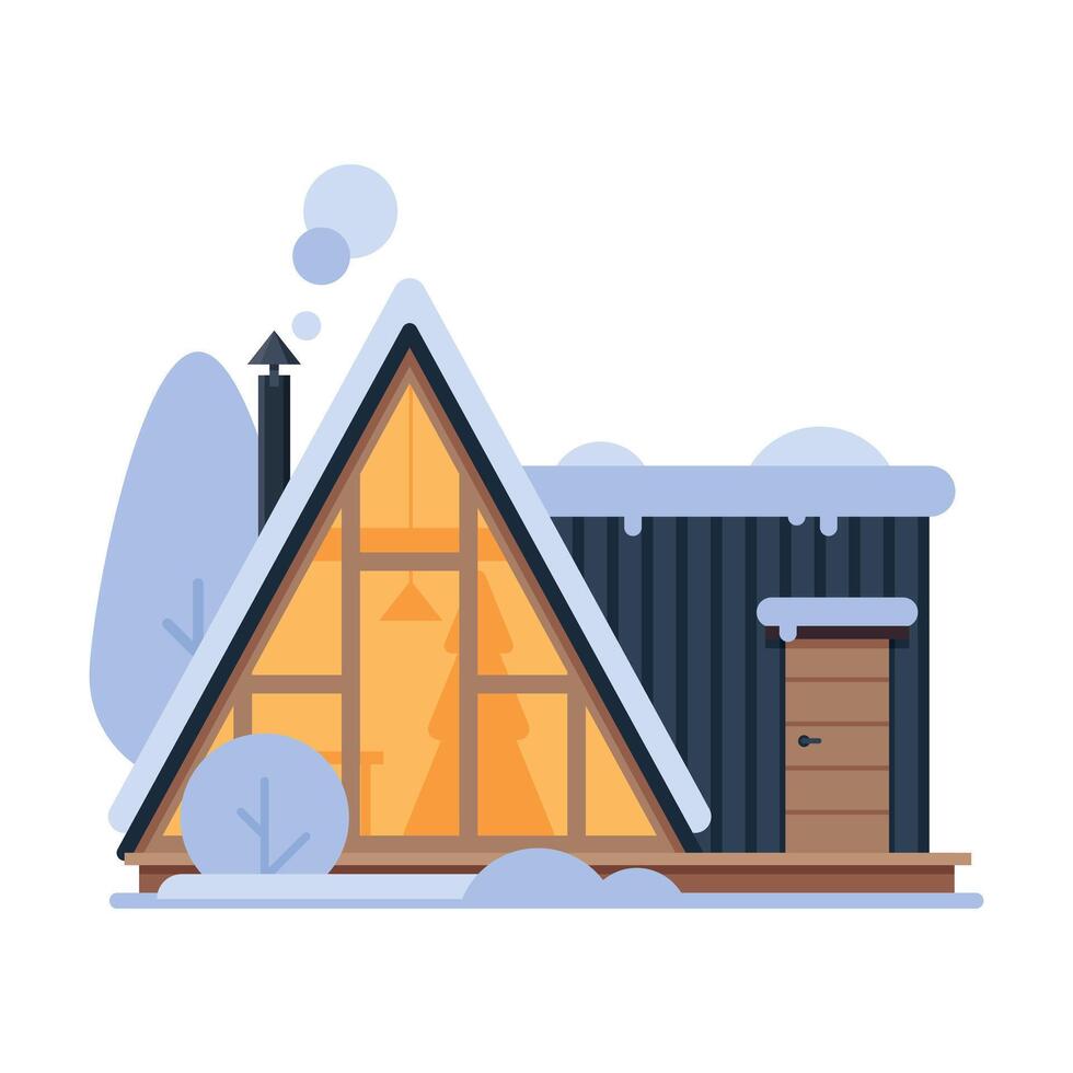 Cute Snowy House, Suburban Winter Cottage Building with Glowing Windows and Smoking Chimney Illustration vector