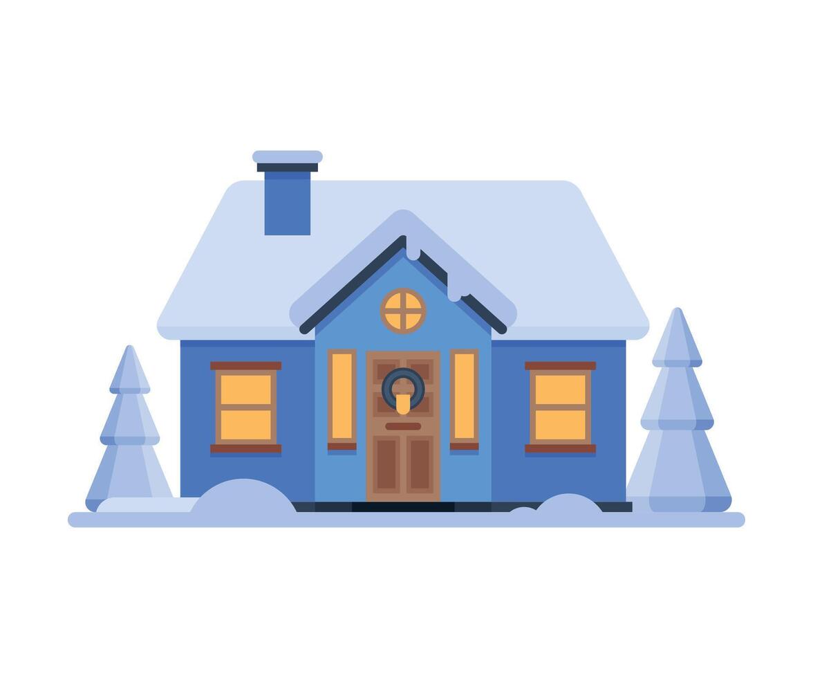 Cute Snowy Blue House, Suburban Winter Cottage Building with Glowing Windows Illustration vector