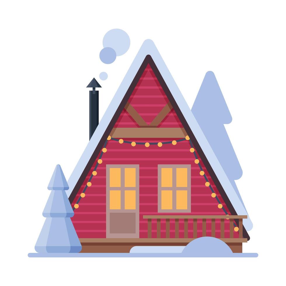 Snowy Suburban House, Rural Red Winter Cottage with Smoking Chimney Illustration vector