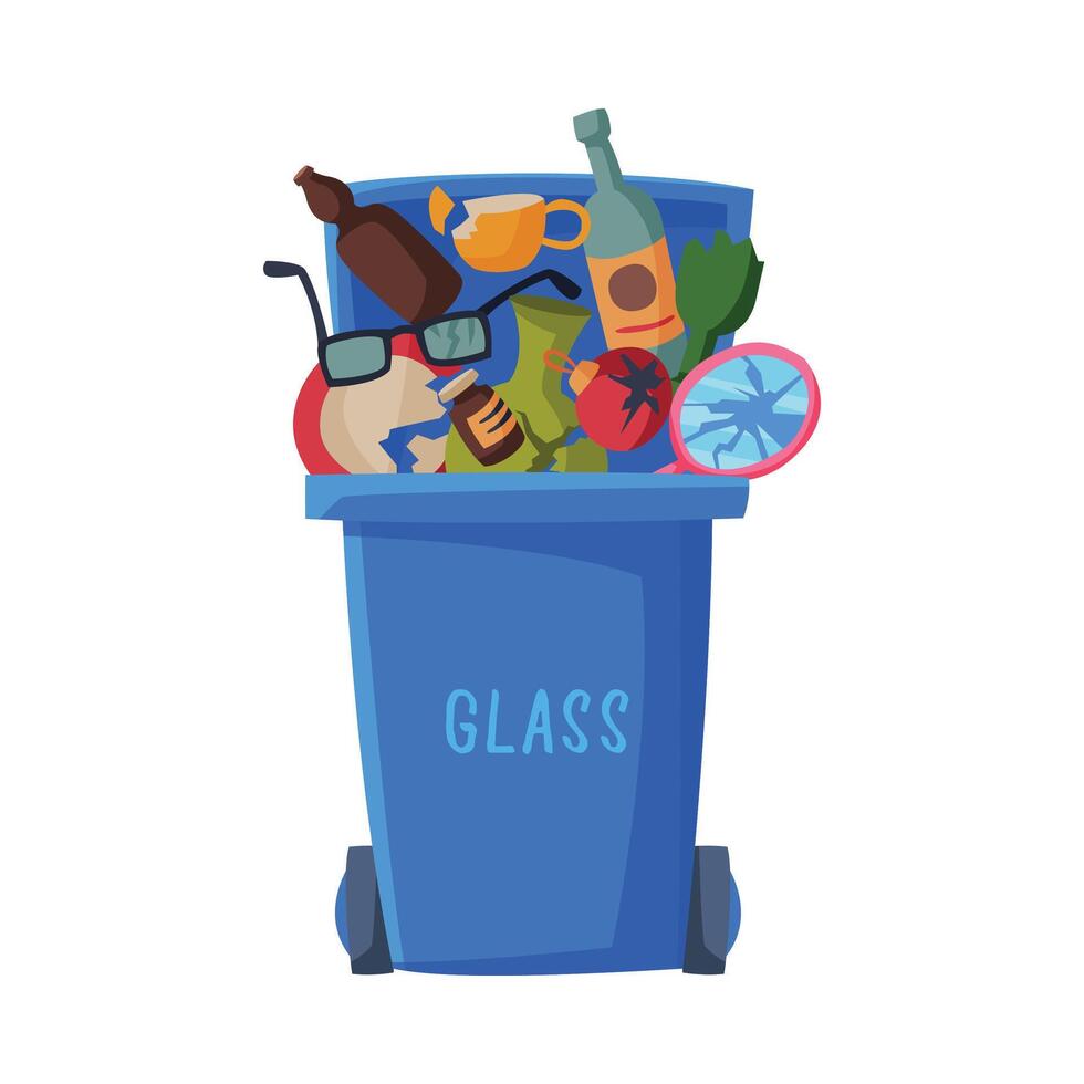 Waste Sorting, Blue Trash Can with Glass Sorted Garbage, Segregation and Separation Rubbish Disposal Refuse Bin Illustration vector