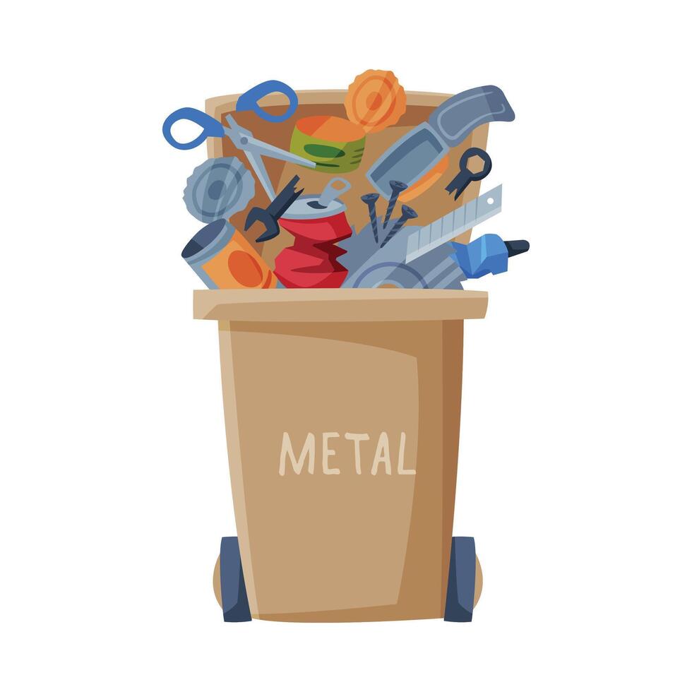 Waste Sorting, Trash Can with Metal Sorted Garbage, Segregation and Separation Rubbish Disposal Refuse Bin Illustration vector