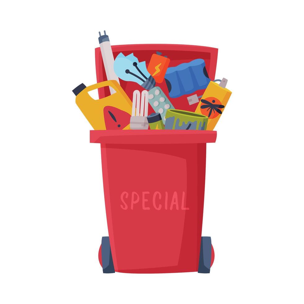 Waste Sorting, Red Trash Can with Red Sorted Garbage, Segregation and Separation Rubbish Disposal Refuse Bin Illustration vector