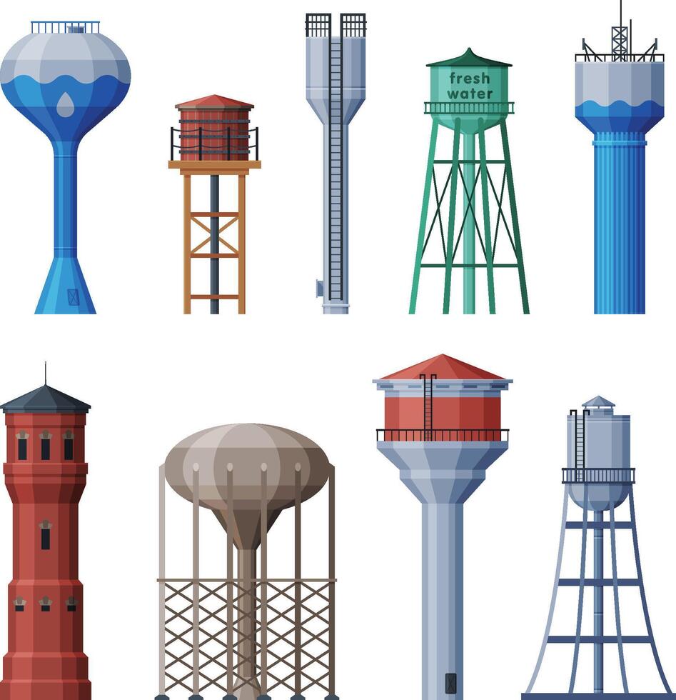 Water Towers Collection, Liquid Storage Tanks, Countryside Life Objects Flat Illustration on White Background vector