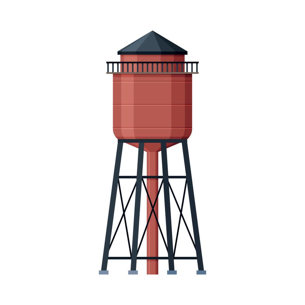Red Water Tower, Liquid Storage Tank, Countryside Life Object Flat Illustration on White Background vector