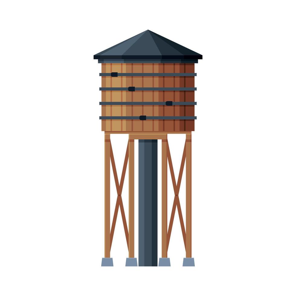 Wooden Water Tower, Liquid Storage Tank, Countryside Life Object Flat Illustration on White Background vector