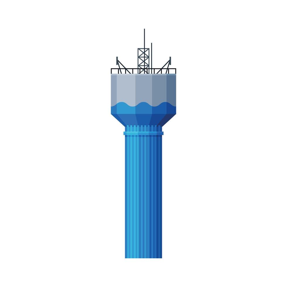 Modern Water Tower, Gray and Blue Metal Industrial Construction, Countryside Life Object Flat Illustration on White Background vector