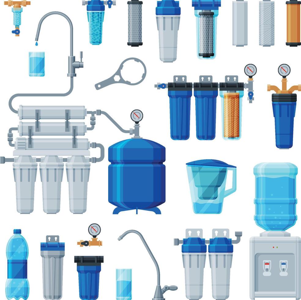 Water Filters Set, Equipment for Water Cleaning, Special Modern Technologies for Liquid Purification Illustration on White Background vector