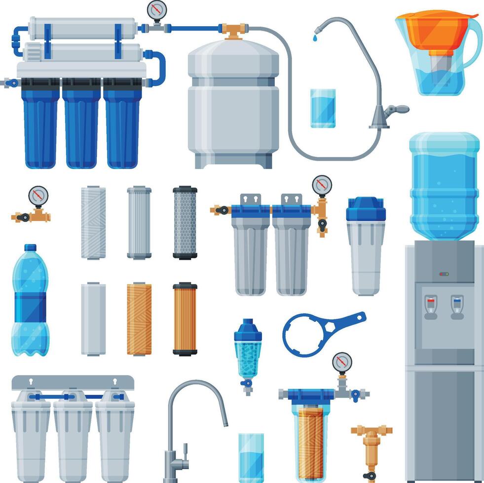 Water Filters Collection, Equipment for Water Cleaning, Special Modern Technologies for Purification Illustration vector