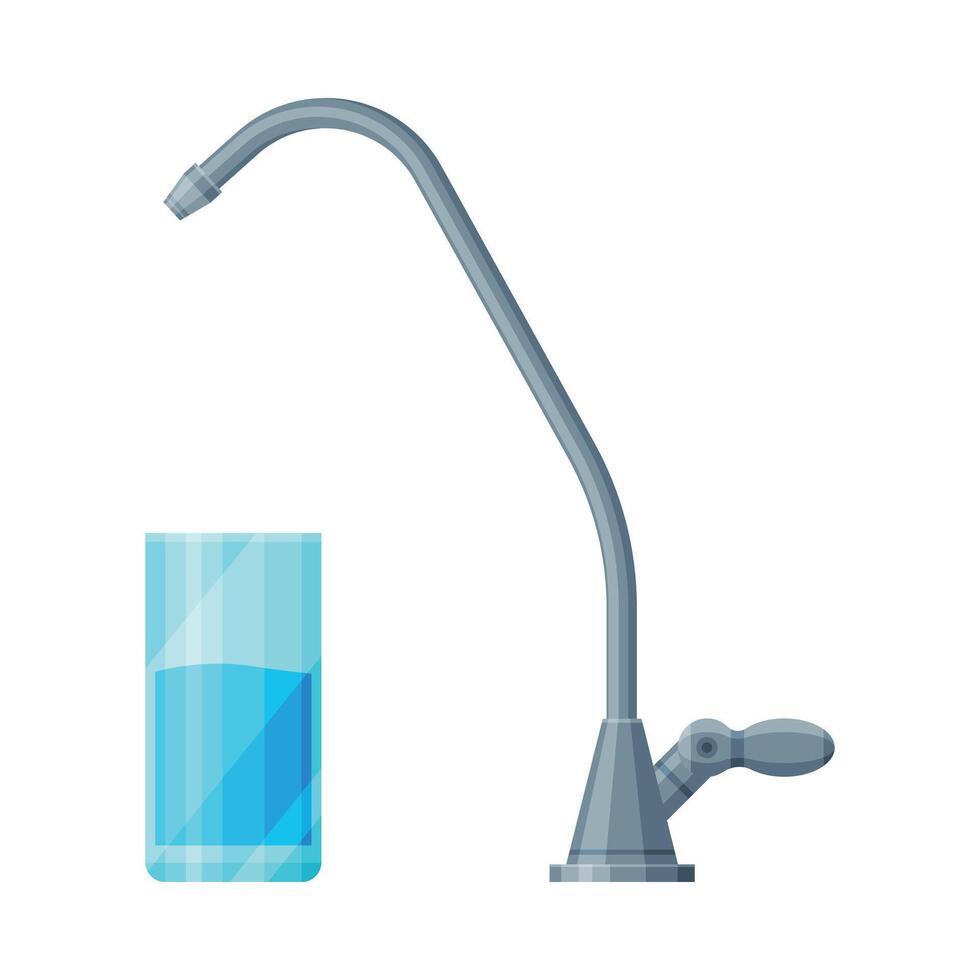 Faucet and Glass of Clean Water, Stainless Steel Kitchen Faucet Illustration on White Background vector