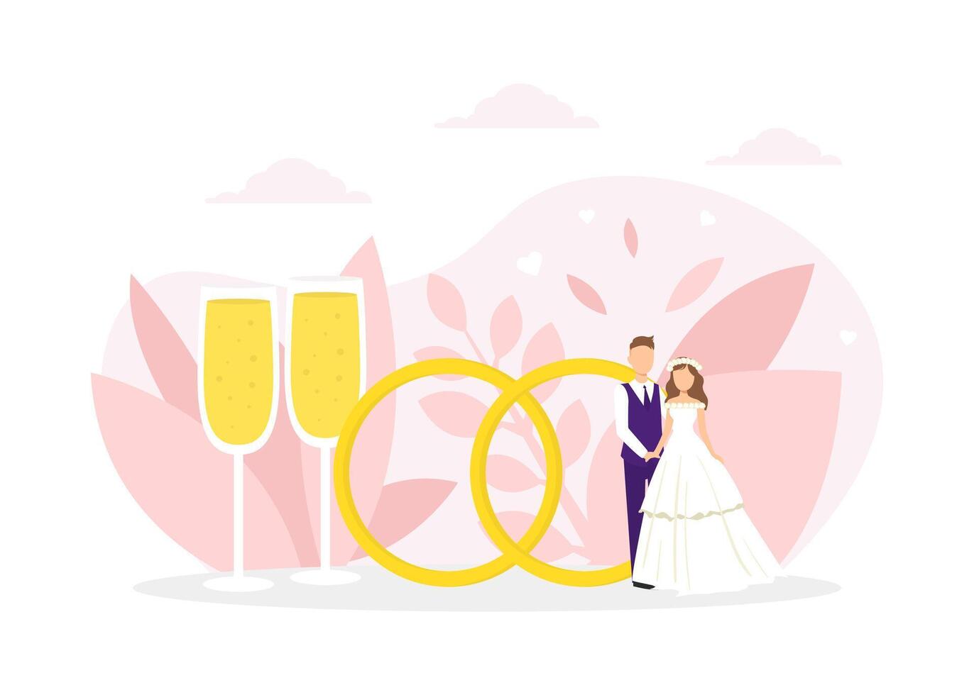Just Married Couple Standing Next Huge Wedding Rings and Two Glasses of Champagne Flat Illustration vector