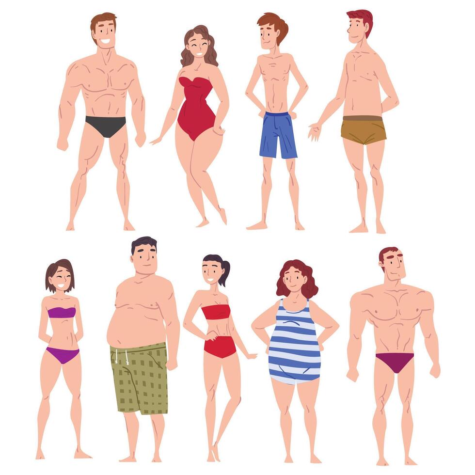 Male and Female Body Types Set, People with Different Human Body Constitution Cartoon Style Illustration on White Background vector