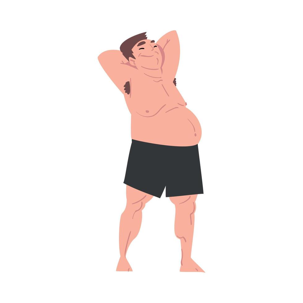 Fat Overweight Man with Big Belly in Underwear Cartoon Style Illustration on White Background vector