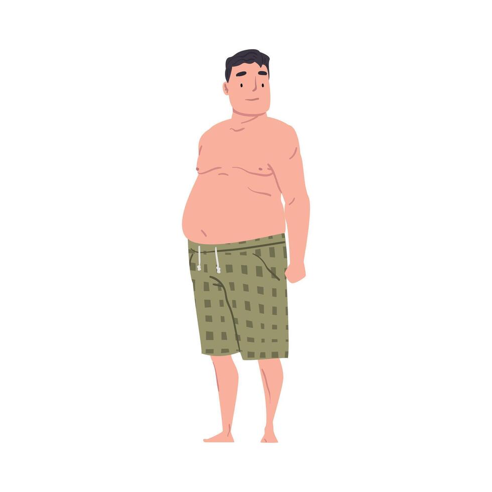 Fat Overweight Man with Big Belly, Obese Man in Shorts Cartoon Style Illustration on White Background vector