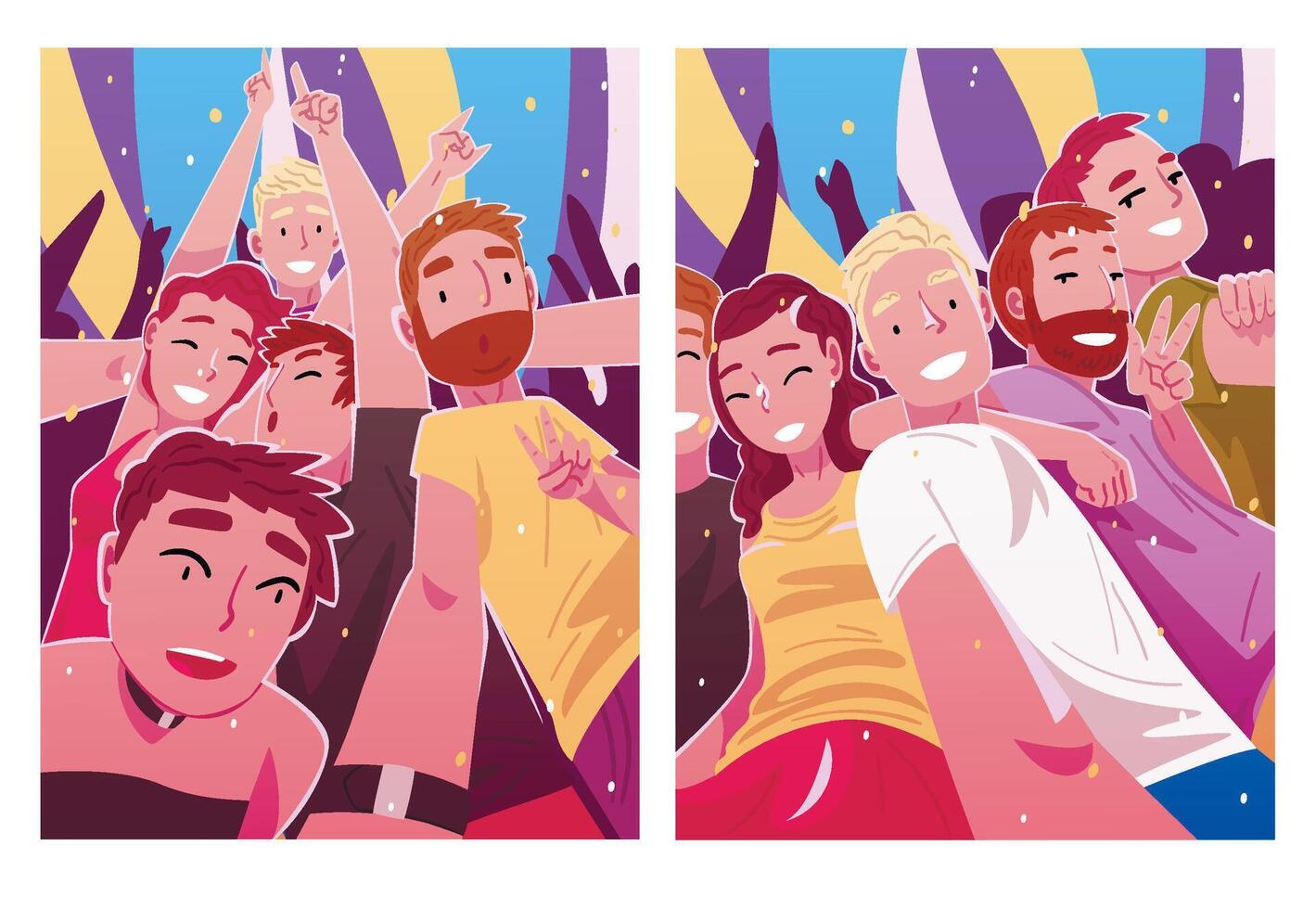Happy People Dancing and Making Selfie Set, Men and Women Having Fun at Party, Nightclub or Music Festival Illustration vector
