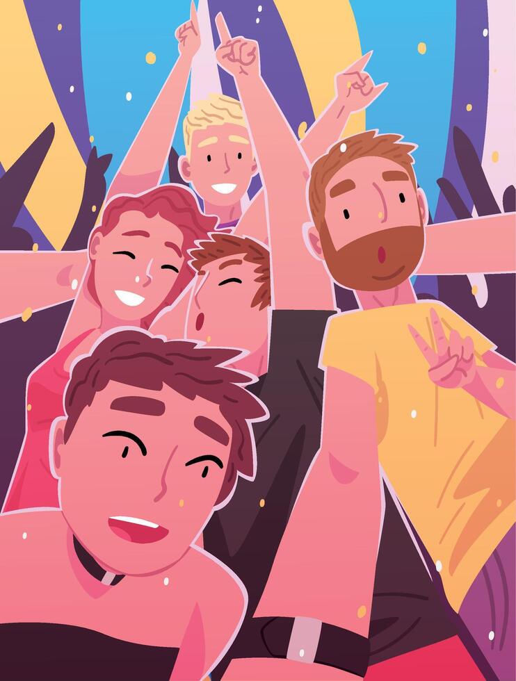 People Dancing and Making Selfie in Nightclub, Happy Men and Women Having Fun at Party or Music Festival Illustration vector