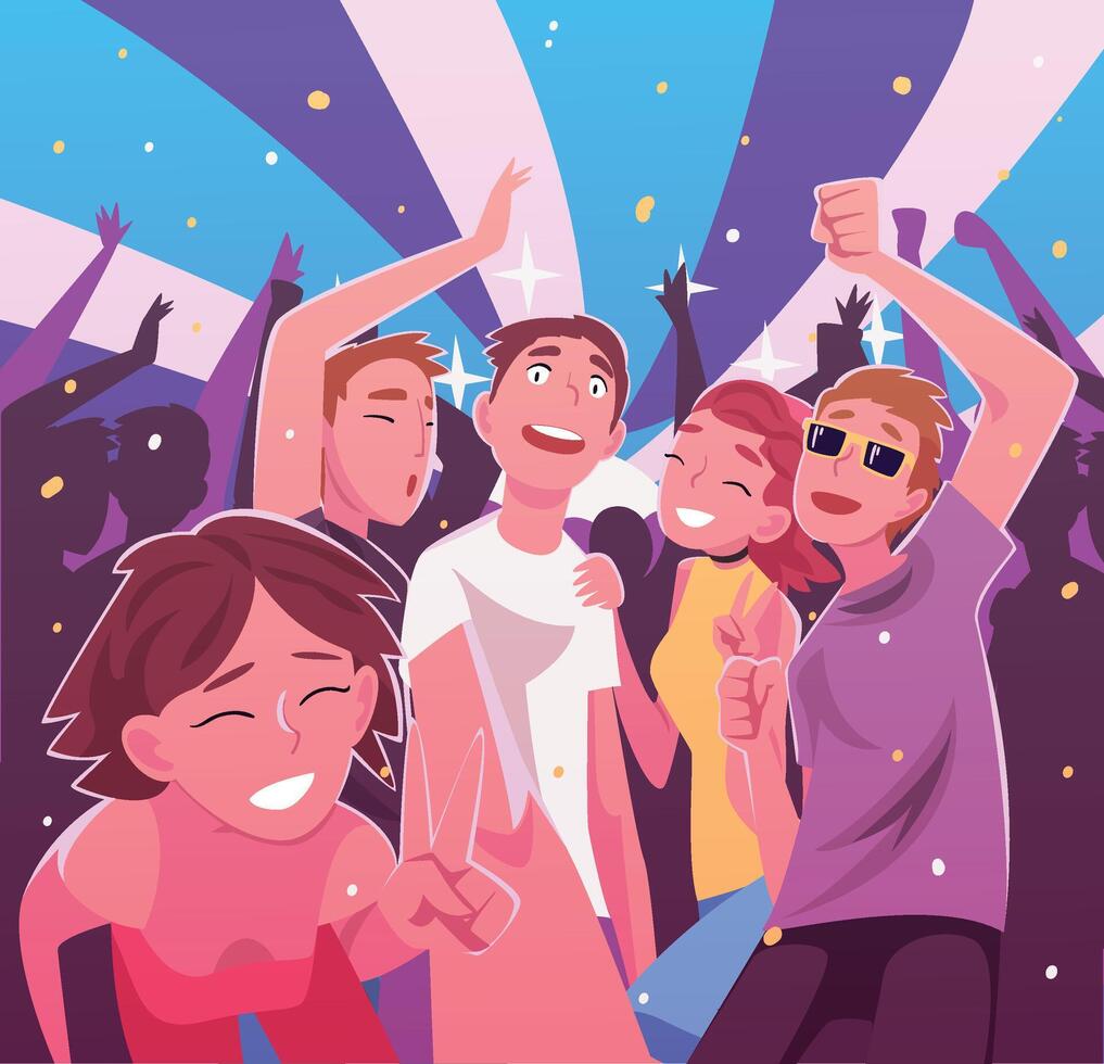 Happy Young Men and Women Having Fun and Dancing at Nightclub, Party or Music Festival Illustration vector